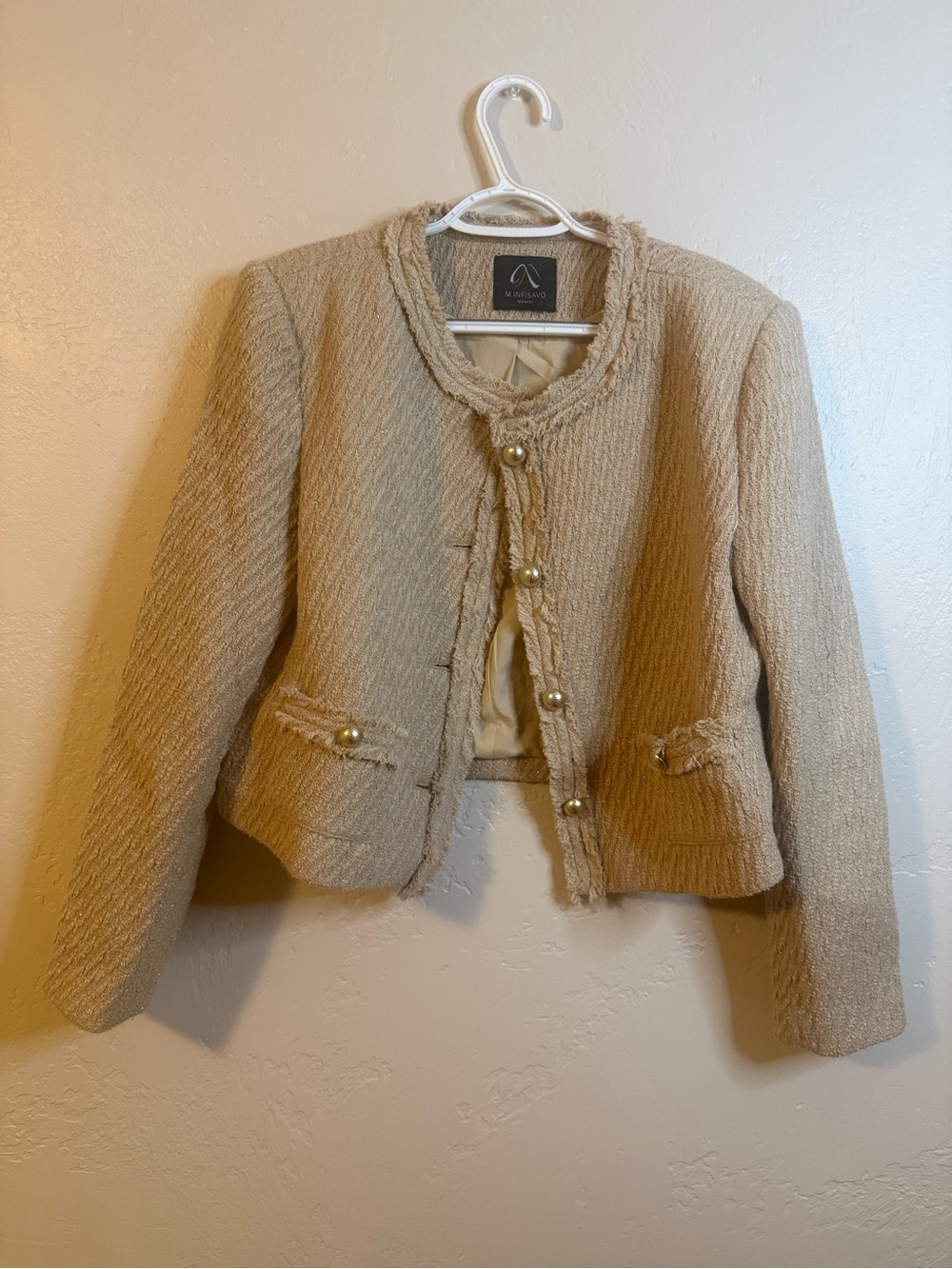 avocado Beige Tweed Pearl-Button Jacket